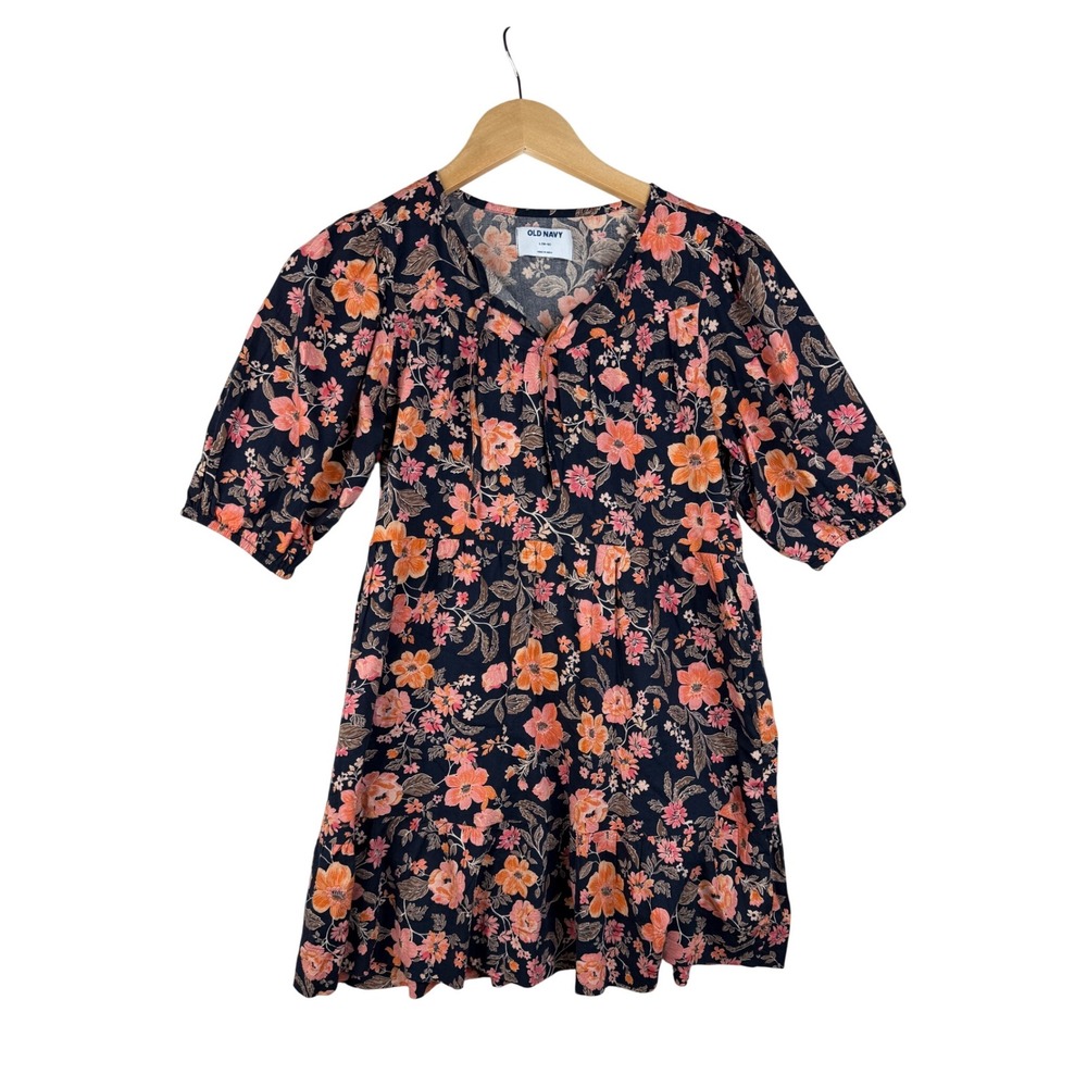 Old Navy Girls Floral Print Puff‎ Sleeve Swing Dress size Large Black/Orange